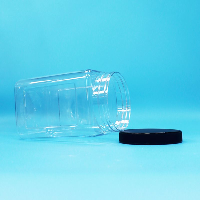 ขวดโหลใส ทรงเหลี่ยม พลาสติก PET ฝาดำ สำหรับอาหาร ลูกอม คุกกี้ บะหมี่