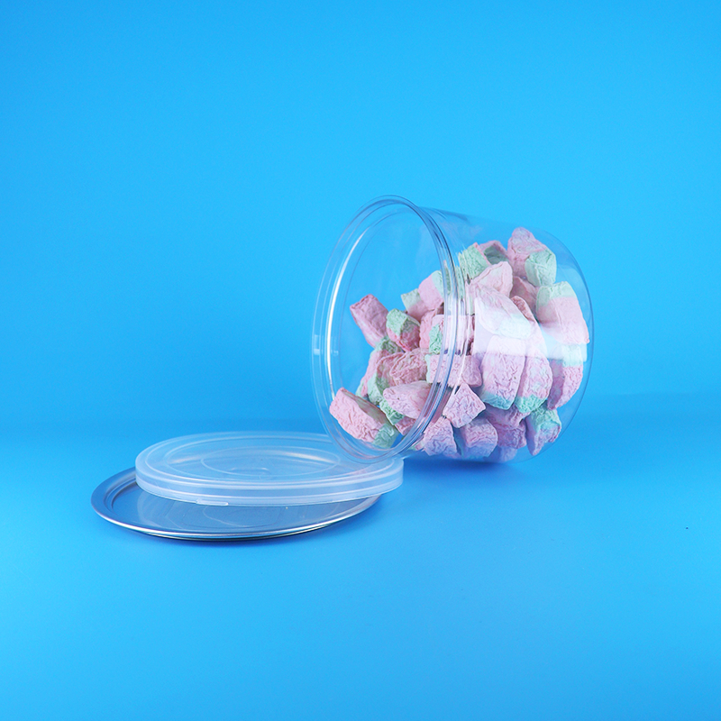 กระป๋องฝาเปิดง่ายทรงกลม PET ใสสำหรับอาหาร ลูกอม คุกกี้ ขนม ชา