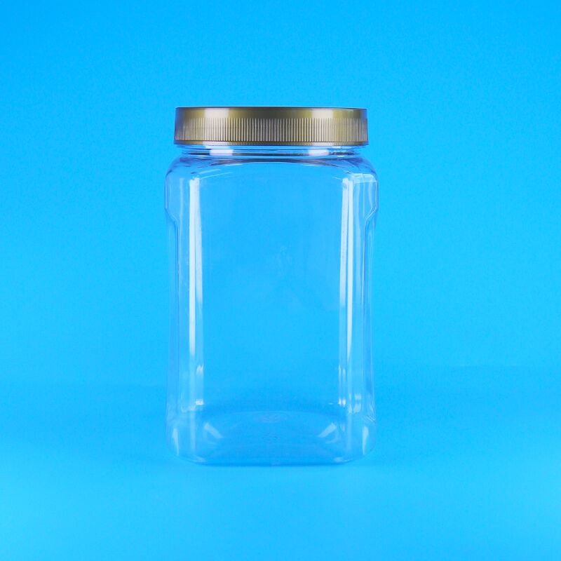 ขวดโหลพลาสติก PET ทรงสี่เหลี่ยมใส ฝาสีน้ำตาล สำหรับใส่คุกกี้ ถั่วอัลมอนด์ ผลไม้อบแห้ง