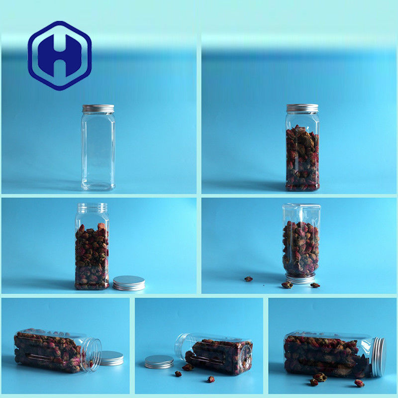 ขวดพลาสติก PET สี่เหลี่ยมจัตุรัส 580 มล. สำหรับอาหารสุญญากาศปากกว้างอลูมิเนียมเปล่าฝาเกลียว