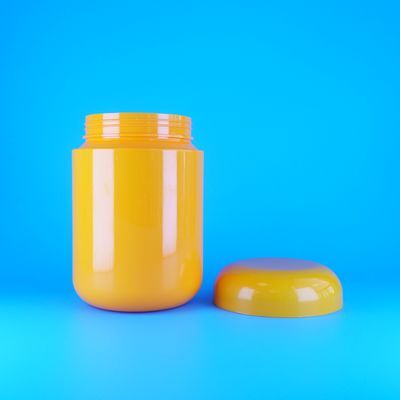 ขวดโหลพลาสติก PET สีส้ม Food Grade ทรงกลม ฝาเกลียวแบน สีส้ม สำหรับคุกกี้ ลูกอม